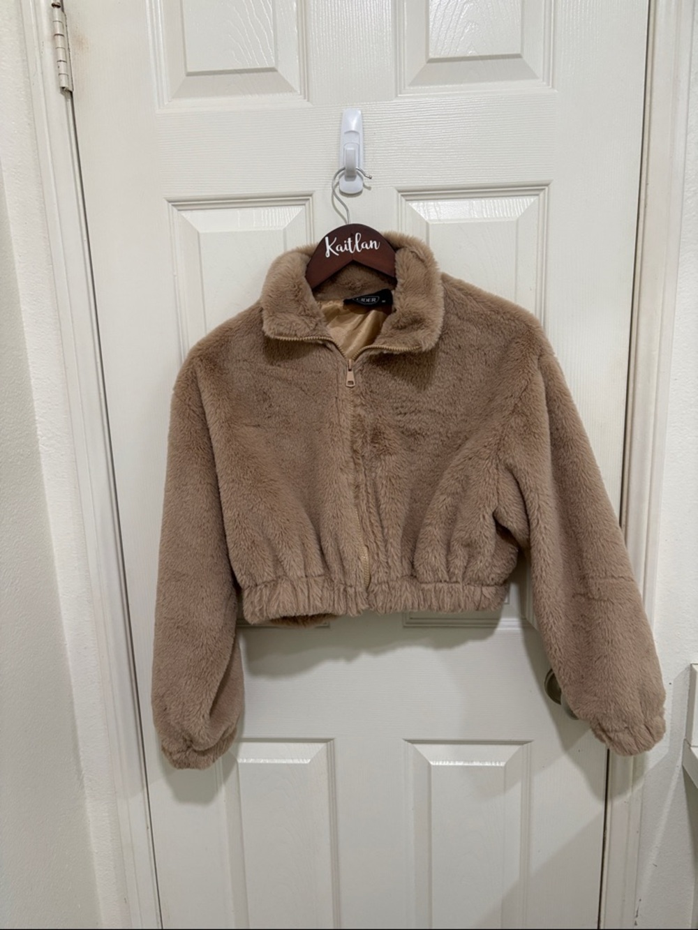 Cider Plush Faux Fur Zip Jacket in Taupe